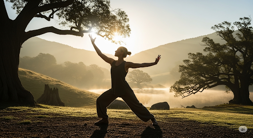 A person performing a graceful, intentional pose at sunrise in a serene natural setting with trees and a misty lake.