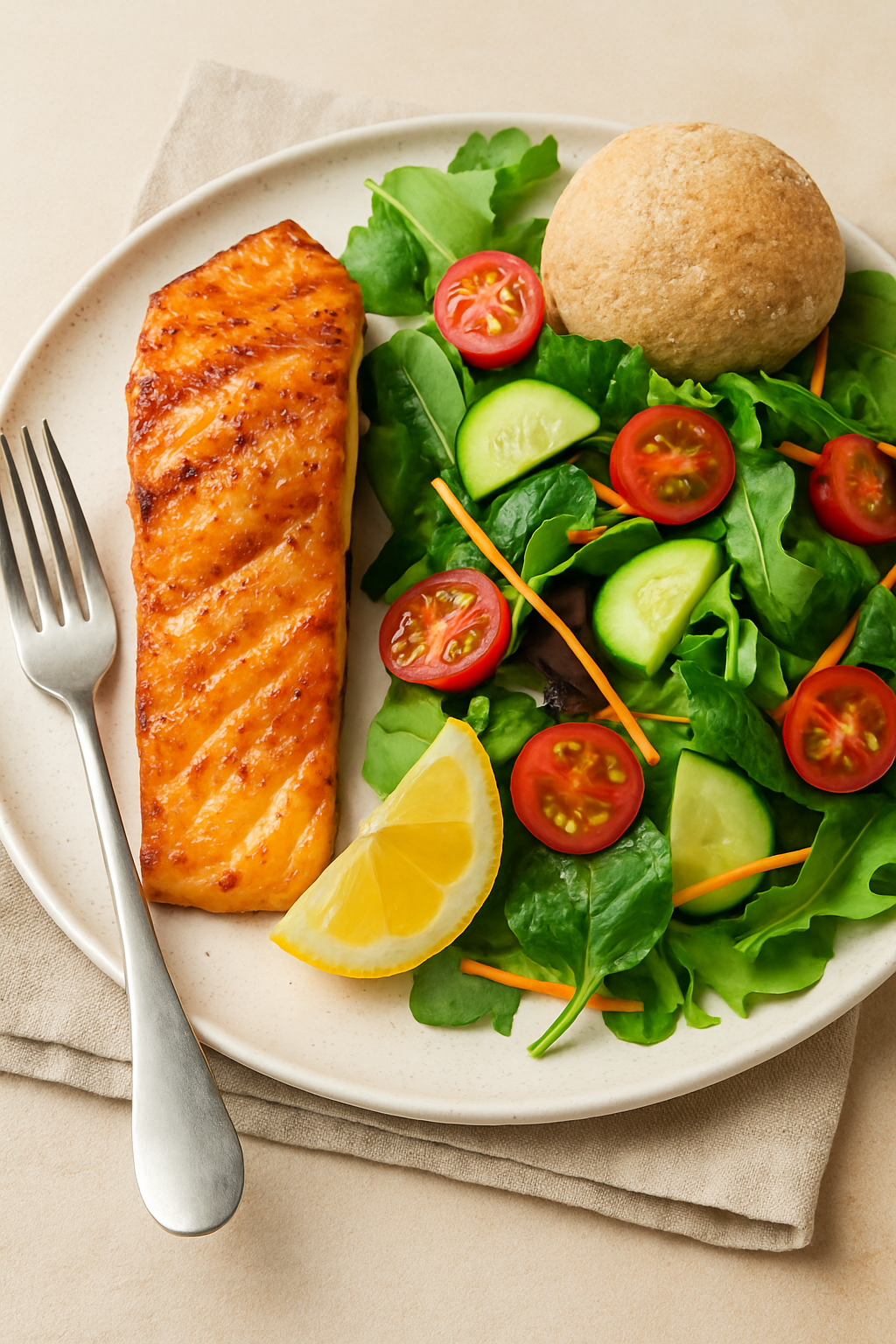 Grilled salmon with fresh garden salad, lemon wedge, and whole wheat roll on a plate