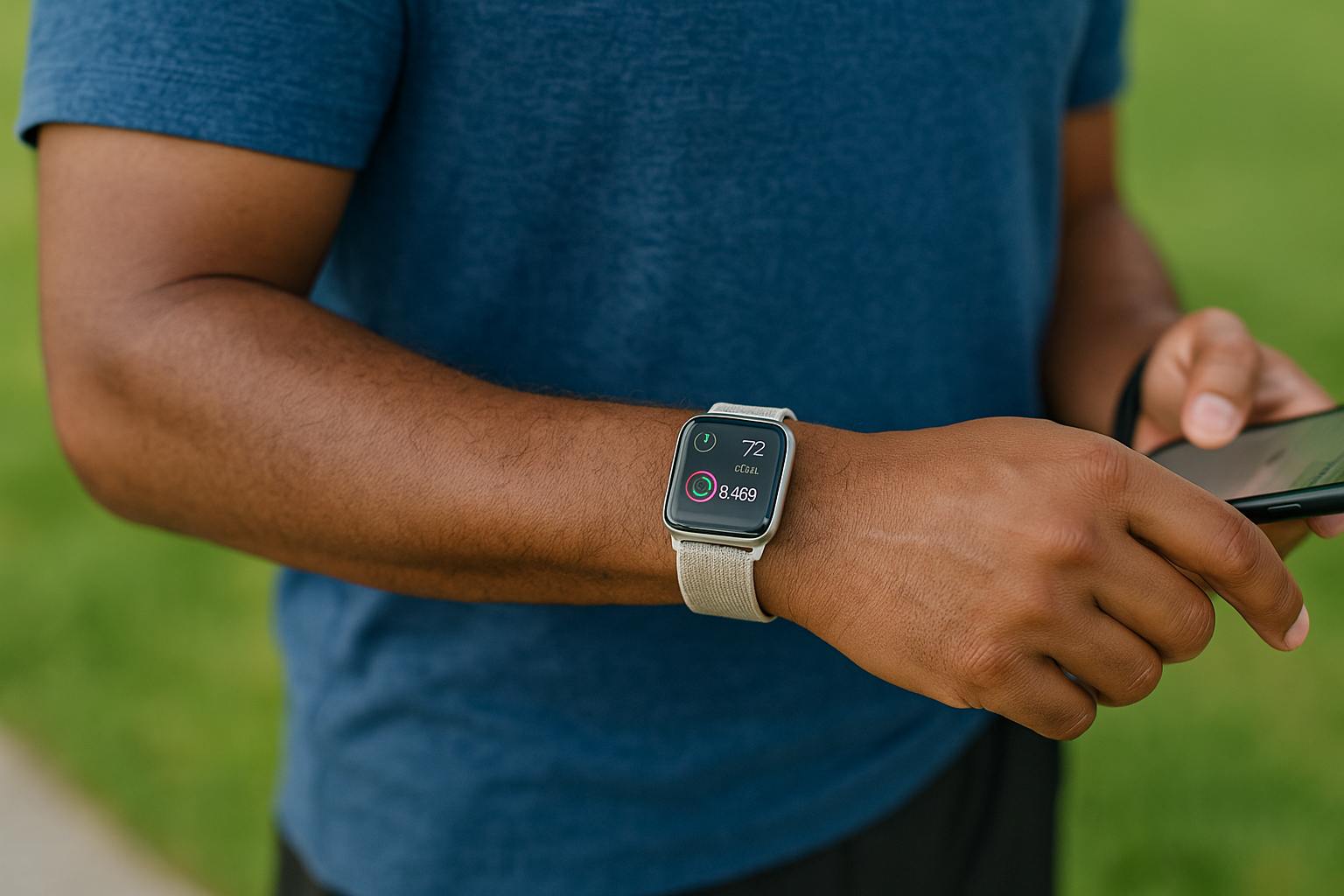 Man using smartwatch and smartphone to track health and daily progress outdoors