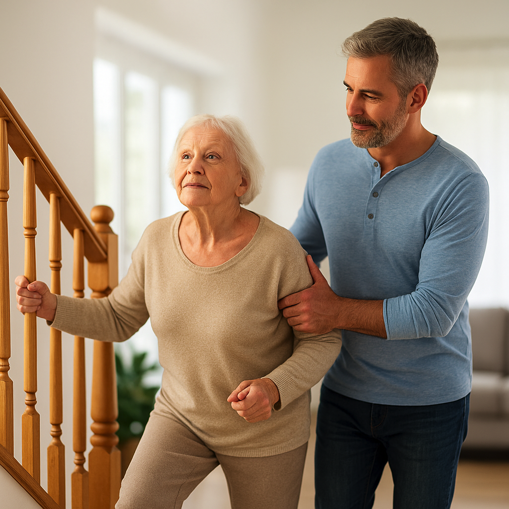 Elderly woman smiling with supportive caregiver by her side at home