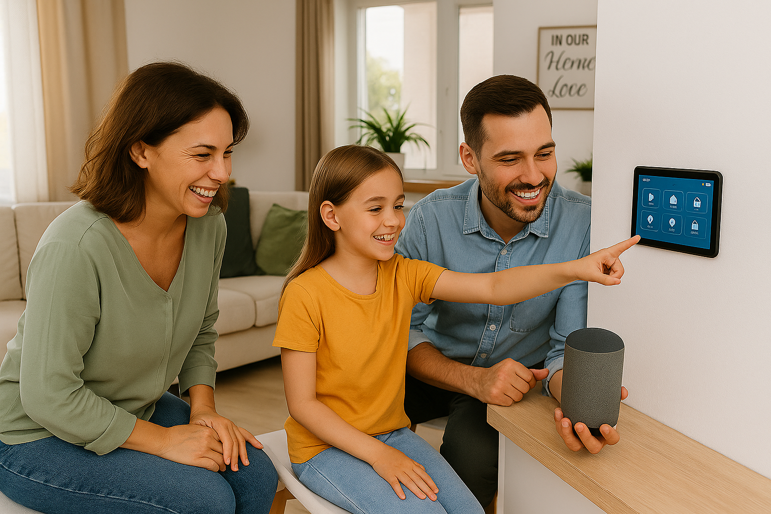 A happy family using smart home technology together in a bright living room, symbolizing independence and modern living.