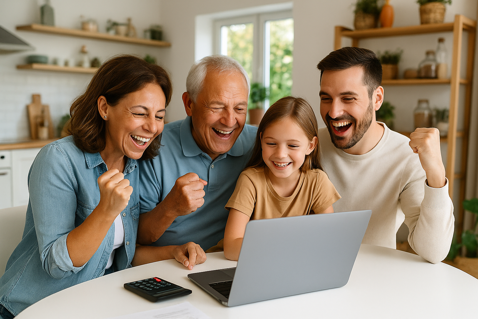 Happy multigenerational family celebrating financial success while using a laptop at home