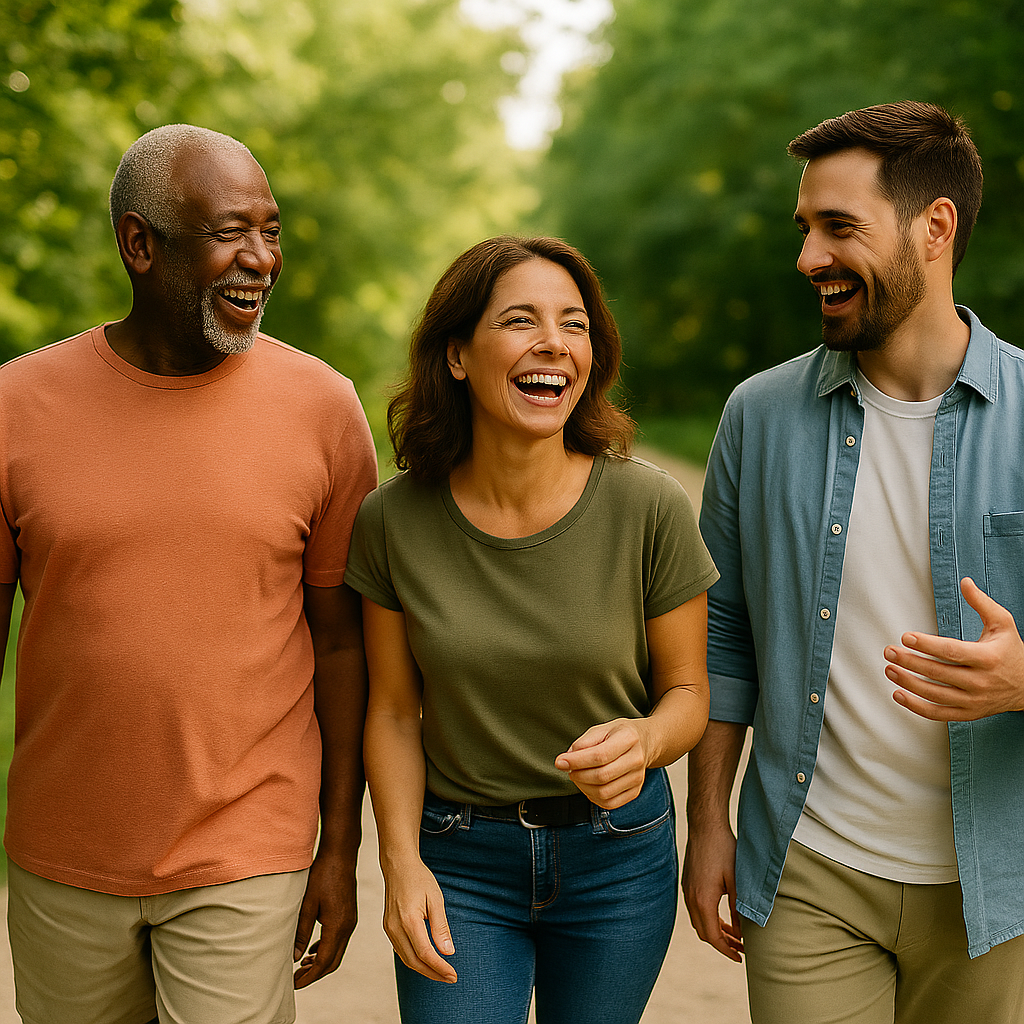 A joyful group of friends from different ages enjoying leisure time together outdoors with laughter and connection.
